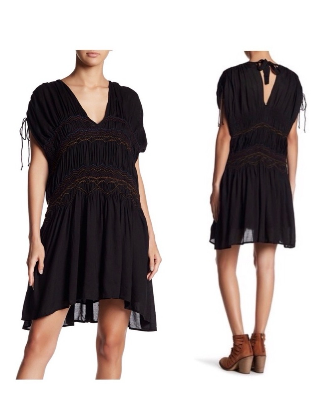 Free People Love On The Run Mini Dress Embroidered Black Boho Smocked Trapeze M